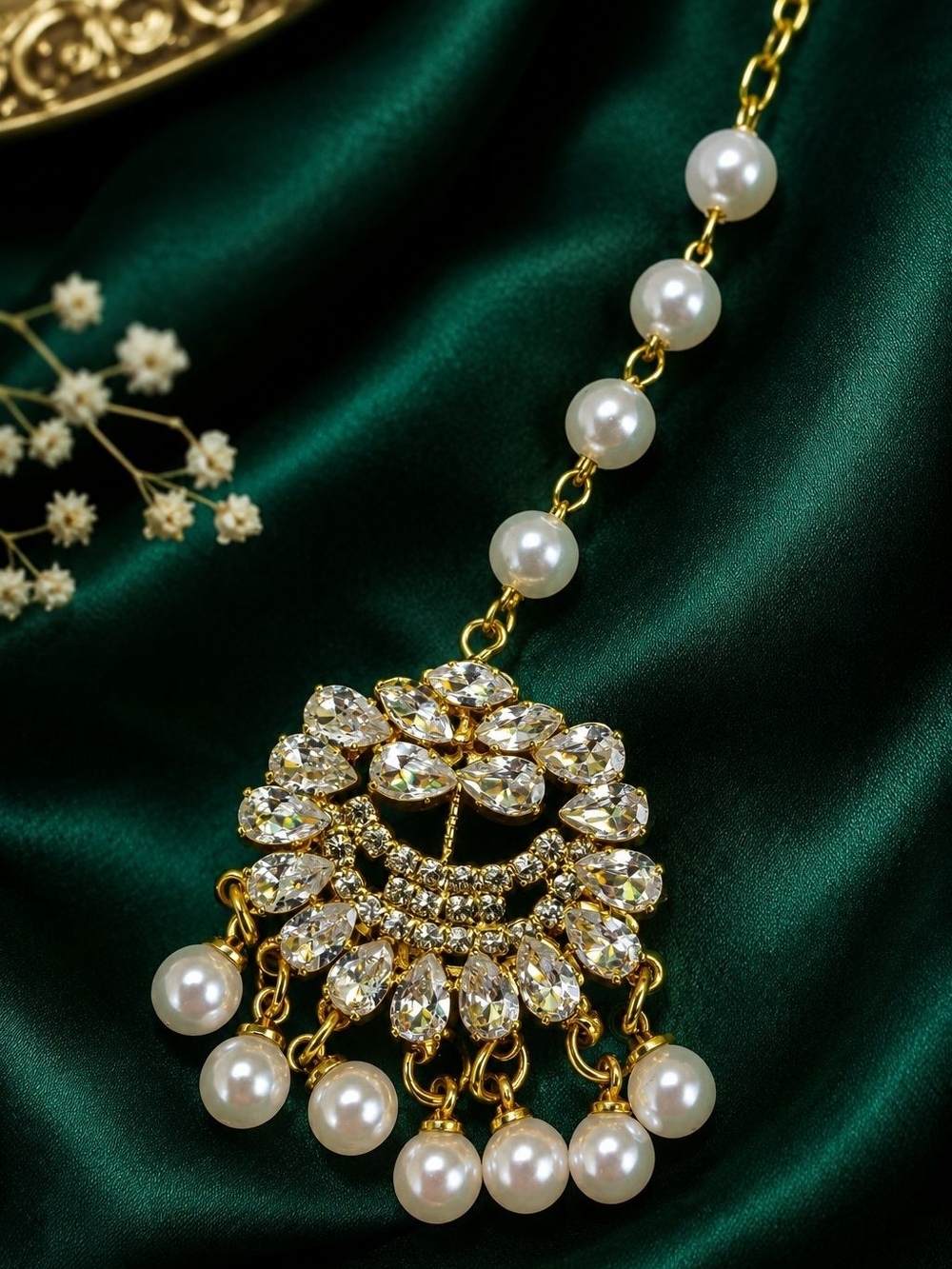 Gold Pearl Teardrop Maang Tikka Hair Jewelry - Picture 7 of 7
